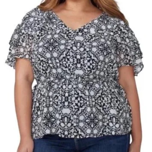 Lane Bryant White Black Tiered Ruffle Sleeve Peplum Blouse Sz 16 v neck lined - Picture 1 of 8